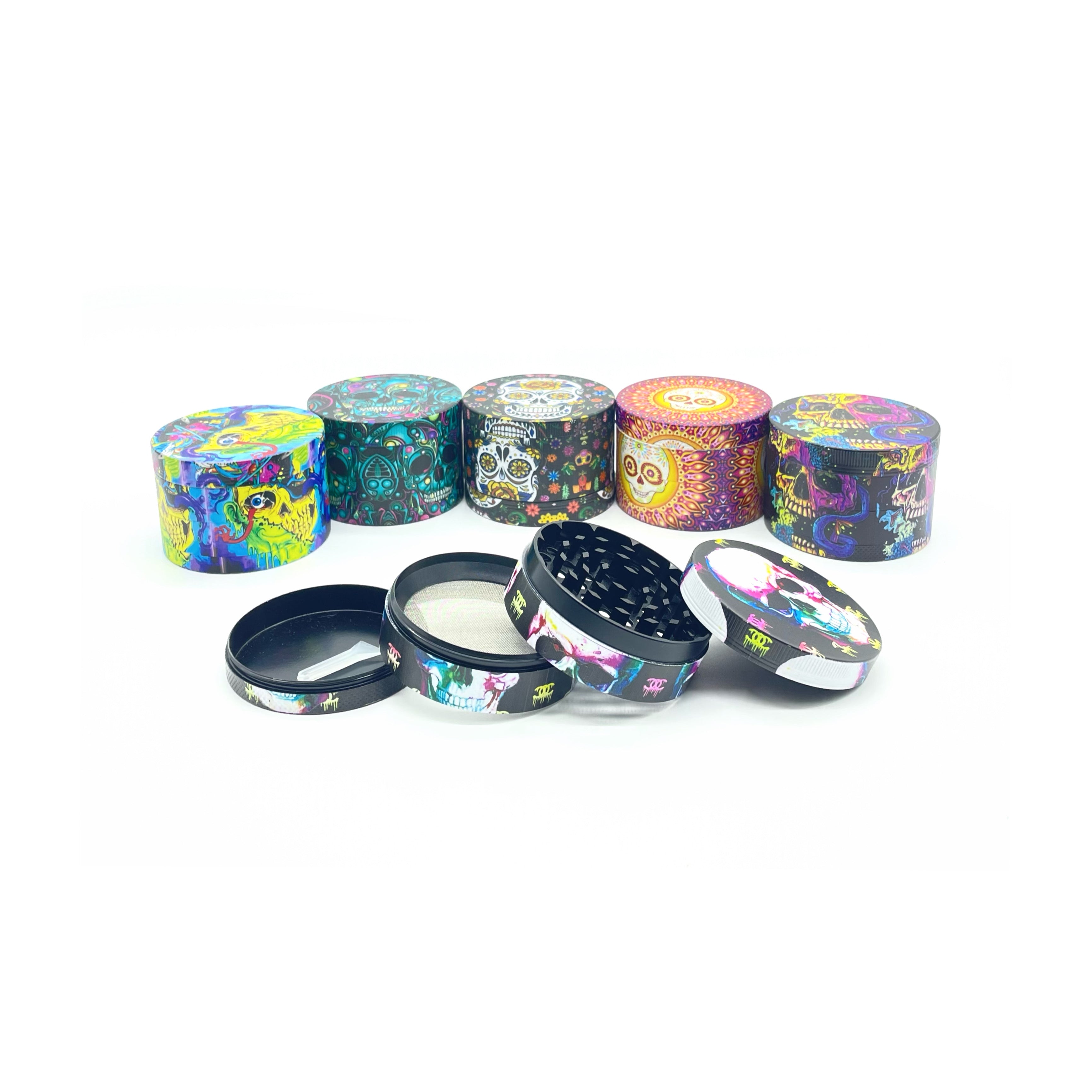 Assorted Colorful Skull Designed Metal 4-Stage Grinders Wholesale - 1 Box / 6pcs